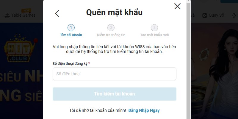 Chỉ dẫn lấy lại mật khẩu khi đăng nhập vào Wi88